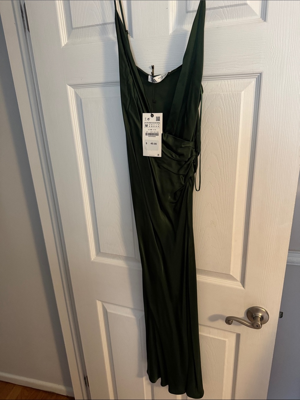 Zara Forest Green Satin Slip Dress with Draped Side